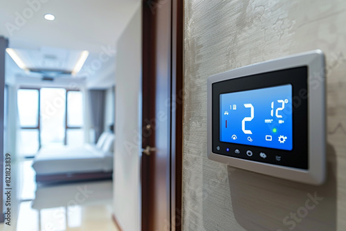 Smart Home control system on the wall Thermostat for temperature adjustments, saving money on energy costs  