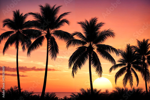 Tropical landscape - silhouette palm trees on sunset at orange sky background. Nature image backdrop  amazing wallpaper. Stylish image for design. Concept of summer vacation travel. Copy text space