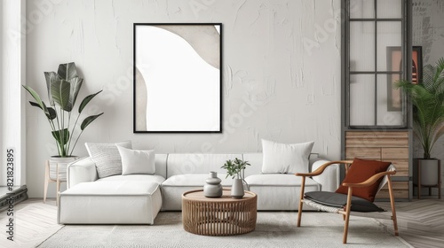 Display your artwork with this living room wall poster mockup featuring an ISO A paper size frame. The modern interior design and house background provide a perfect setting in this 3D render.