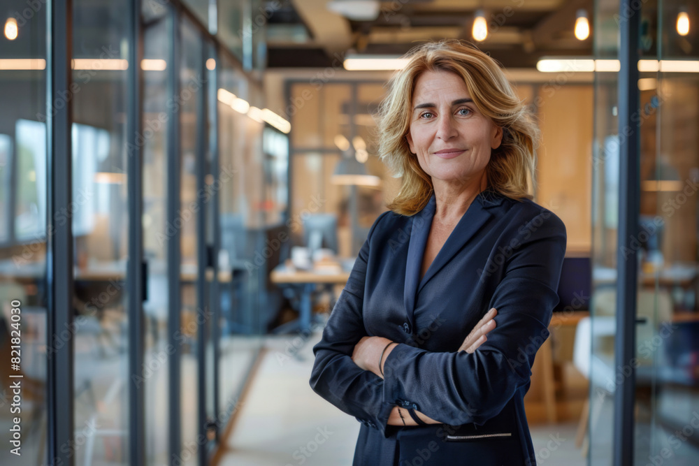 A middle-aged woman, dressed in business attire, stands confidently in a modern office, her arms crossed and a smile on her face. A middle-aged woman, dressed in business attire, stands confidently in a modern office, her arms crossed and a smile on her face.
