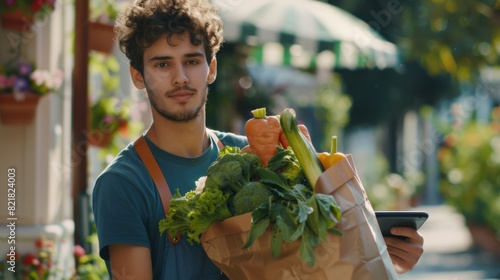 In this portrait, a young man working for a grocery delivery service delivers fresh vegetables and food items to a residential area home where the addressee signs a waiver. photo