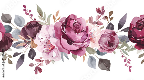 Watercolor floral bouquet pink roses scarlett red bur photo