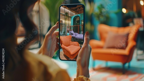 Video of a female hand holding a smartphone with augmented reality display that shows a chair. Woman doing online shopping and checking her options live.