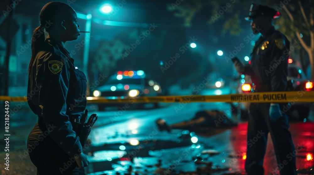 At the crime scene, Detective arrives at night and is greeted by a black policewoman. An officer briefs an inspector on evidence found near the victim's body. Forensic experts and policemen work At the crime scene, Detective arrives at night and is greeted by a black policewoman. An officer briefs an inspector on evidence found near the victim's body. Forensic experts and policemen work
