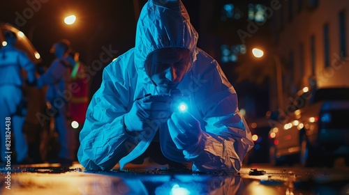 A forensics specialist is on duty on a crime scene at night: expert using advanced camera to take photos of evidence and clues for the police case file. A CSI team works in the background. photo
