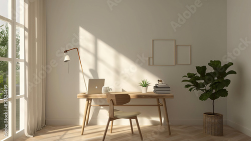 Comfortable workplace with wooden desk near white wall