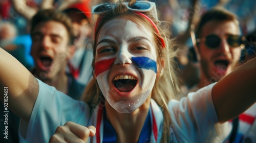 An athlete with a French flag painted on her face is cheering for his team during a big sporting event. Crowds of fans cheer, jubilate over the goal, and celebrate the victory as she stands at the photo