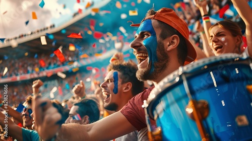 Handsome Caucasian Drummer, Man Cheering, Crowded of Blue Soccer Fans Shouting for Their Team to Win. People Celebrate Scoring a Goal, Championship Victory, Sport Stadium Big Event.