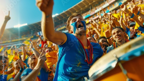 Big event at a sports stadium: Caucasian drummer and man cheering. Fans with painted faces shout for their blue soccer team to win. Fans celebrate scoring a goal, championship victory. © Антон Сальников