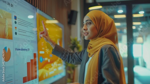 In a meeting room in a creative office, an animated Arab female is presenting a new project plan in front of a digital whiteboard.