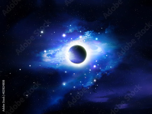 Large black hole surrounded by cosmic nebula. Singularity in a cluster of stars. A source of powerful gravity in space.