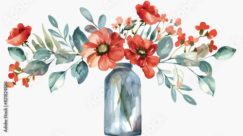 Watercolor floral bouquet red scarlett flowers leaves