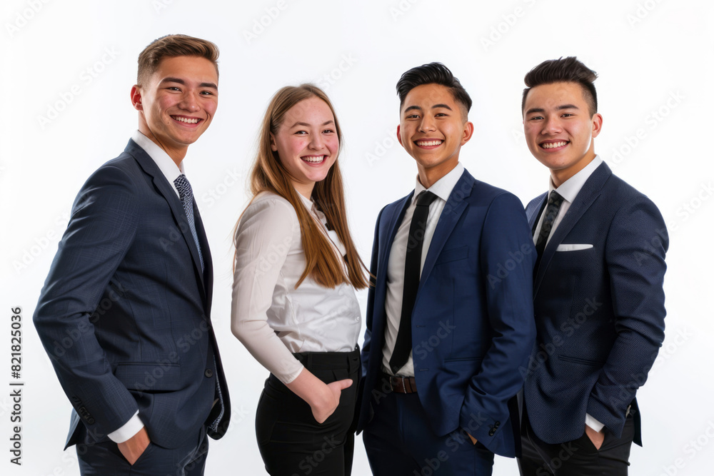 Five young business professionals in dark blue suits, white shirts, neck ties, and black trousers smiling and standing together, isolated on a white background. Five young business professionals in dark blue suits, white shirts, neck ties, and black trousers smiling and standing together, isolated on a white background.