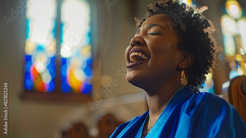 This is a portrait of a cheerful African American woman in a blue robe singing gospel music with passion. photo