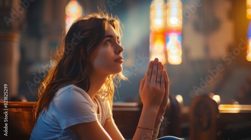 During her prayer, a young Christian woman sits piously as she seeks guidance from faith and spirituality while folded hands. photo