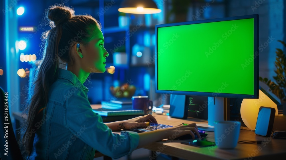 Software Developer Working on a Dedicated Desktop Computer with Green Screen Mock Up Display. Specialist Typing on Keyboard, Coding and Implementing a New Technical Feature. Software Developer Working on a Dedicated Desktop Computer with Green Screen Mock Up Display. Specialist Typing on Keyboard, Coding and Implementing a New Technical Feature.