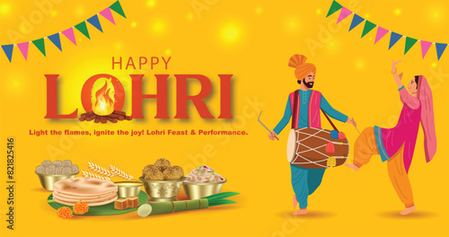 A Sikh man and woman dancing on Lohri Day, enjoying traditional Lohri foods.