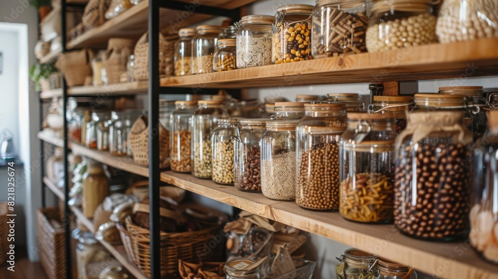 A beautifully organized pantry with shelves of glass jars filled with dry goods, showcasing a zerowaste lifestyle at home A beautifully organized pantry with shelves of glass jars filled with dry goods, showcasing a zerowaste lifestyle at home