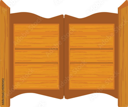 Vintage cartoon wooden saloon doors with western swing vector illustration for wild west themed parties and old bar entrances in traditional style