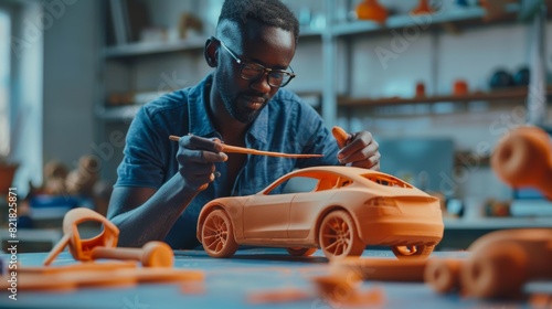 Black Designer Smoothing the Prototype Model of a Modern Electric Automobile Using Spatula. A Creative African Car Modeler Working on a Concept Car Made Out of Plasticine Modeling Clay. photo