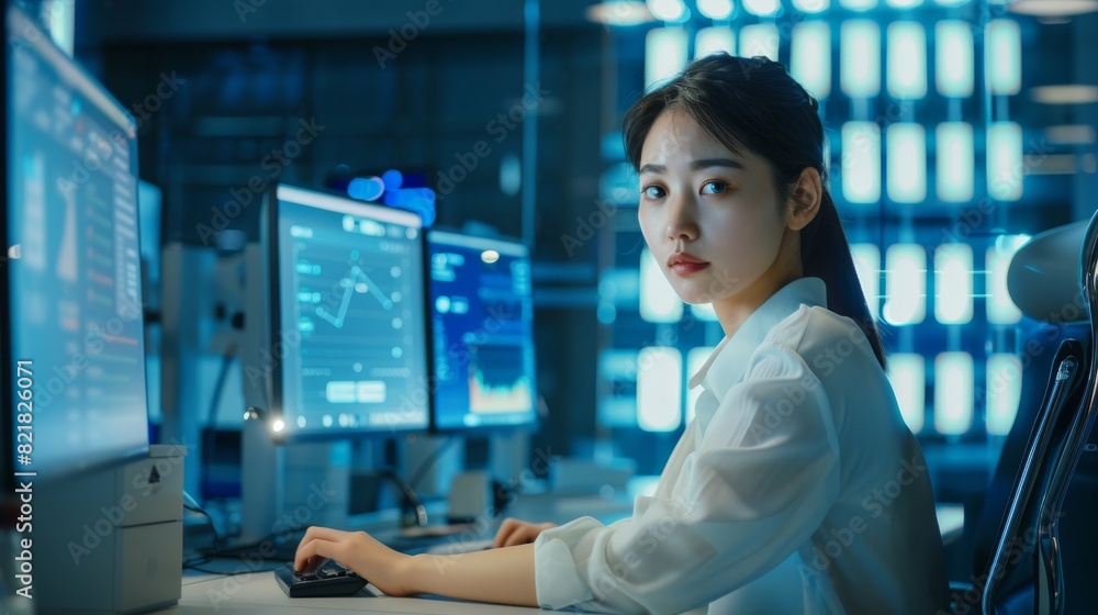 Video call between a young Japanese manager working in tech support and a female colleague in a futuristic technological office. Video call between a young Japanese manager working in tech support and a female colleague in a futuristic technological office.
