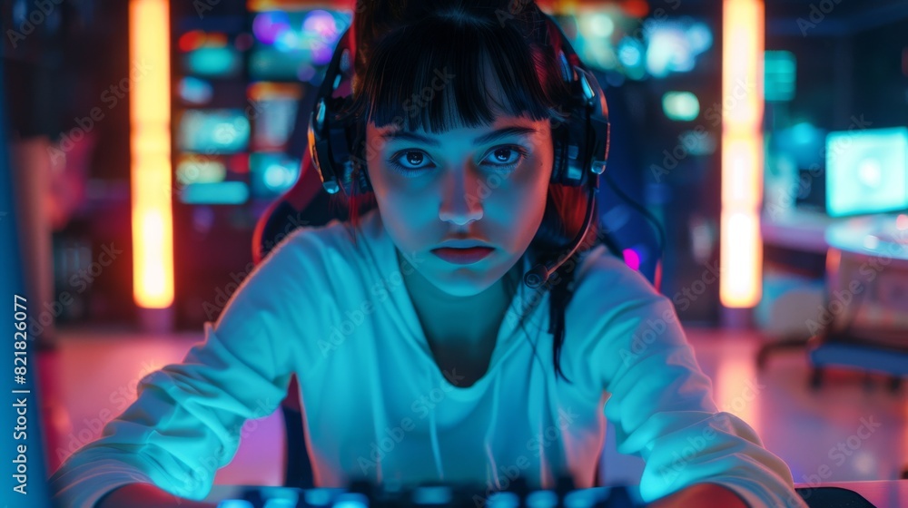 Young Female Playing Online Video Games on a Computer. Gamer Girl Sitting Behind a Digital Table, Streaming Gaming Content From a Futuristic Neon Room.