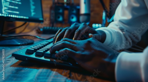 Professional Programmer Writing Code Presented on Two Monitor Screens in Dark Network Security Office. Black Male Hands Type on Keyboard In High Tech Concept. Professional Programmer Writing Code.