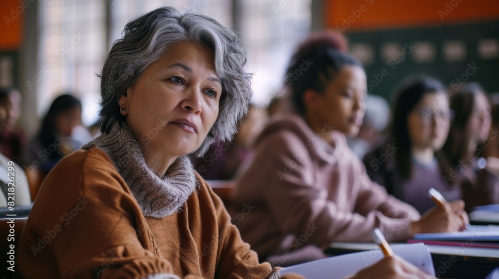 Diverse mature students learning in classes, reading textbooks and writing in notebooks as part of an adult education course in school. Diverse mature students learning in classes, reading textbooks and writing in notebooks as part of an adult education course in school.