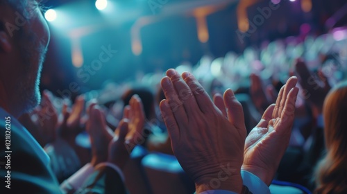 A close-up of the hands of the audience applauding in the concert hall during a presentation at the Business Forum. Technology Summit Auditorium. Excited entrepreneurs clapping in the audience.