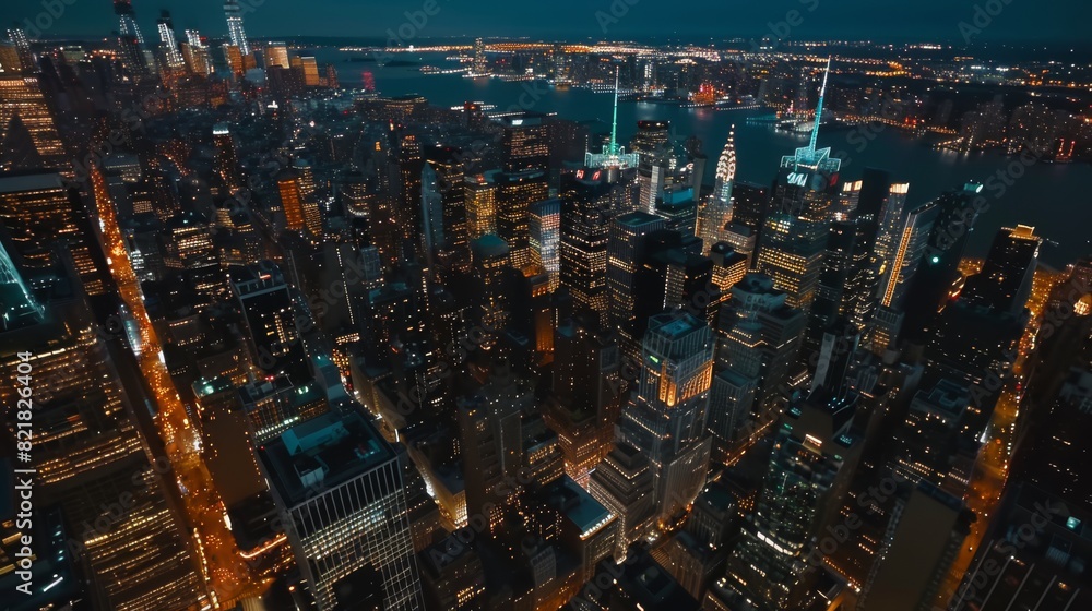 Fototapeta premium Cityscape of Manhattan from the sky with dazzling landmarks, skyscrapers, and residential buildings. View of Manhattan from a helicopter.