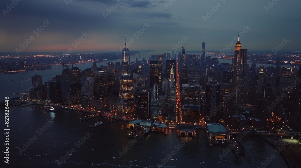 Obraz premium Aerial view of New York City from the air. Aerial view of New York City at night with famous Manhattan areas, business districts, and architecture.