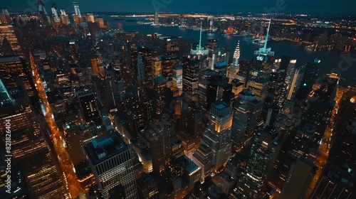 Cityscape of Manhattan from the sky with dazzling landmarks, skyscrapers, and residential buildings. View of Manhattan from a helicopter.