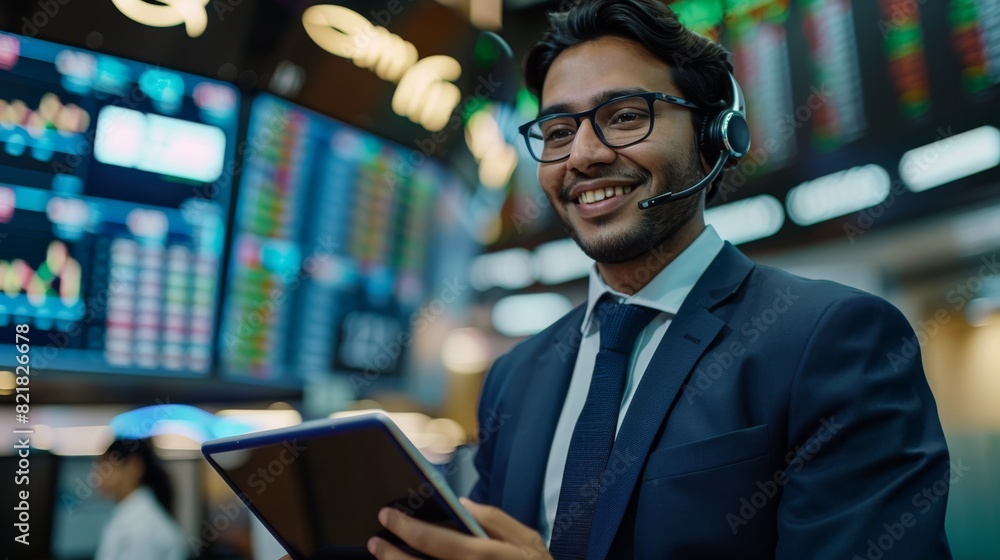 Portrait of a Young Indian Trader Working in an International Stock Exchange Company with a Tablet Computer, Monitoring, Talking to a Corporate Business Partner with Headphones Portrait of a Young Indian Trader Working in an International Stock Exchange Company with a Tablet Computer, Monitoring, Talking to a Corporate Business Partner with Headphones