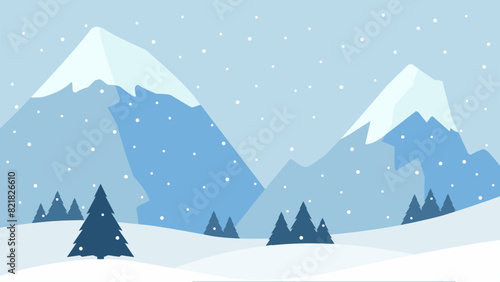 Landscape illustration of snowy mountain in winter with snowfall
