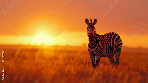 Fototapeta Naklejka Na Ścianę i Meble -  Zebra stands majestically in the savannah at dawn. wildlife and animals of africa. 