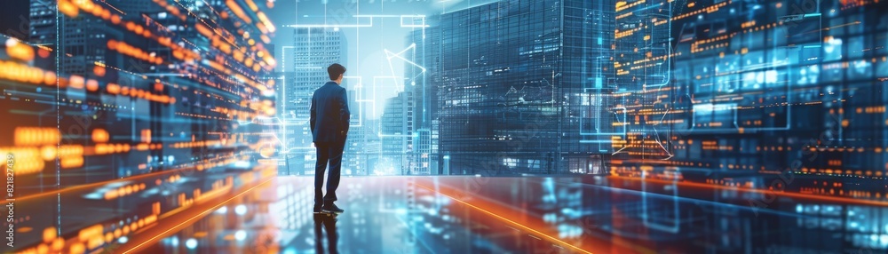 In the double exposure image of a businessman thinking, the cityscape image is overlaid with a futuristic hologram that shows the modern concepts of life, business, and city life as well as the In the double exposure image of a businessman thinking, the cityscape image is overlaid with a futuristic hologram that shows the modern concepts of life, business, and city life as well as the