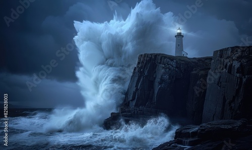 Giant water wave crashing into rock with lighthouse on top