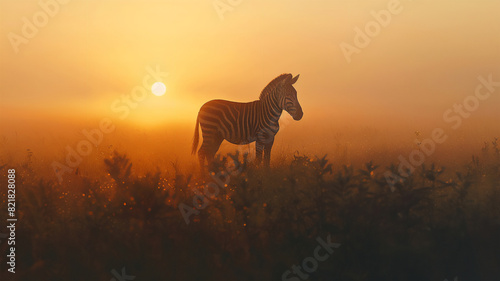 Zebra stands majestically in the savannah at dawn. wildlife and animals of africa. 