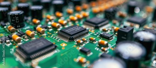 The image shows a close-up of a circuit board. The board is green and has many small electronic components on it. The components are arranged in rows and columns.
