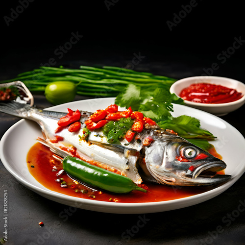 fish meet red and green chili lemon salad white plet black baground  , photo