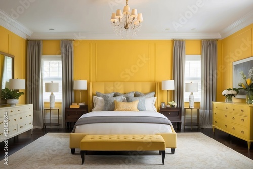 Classic Master Bedroom Design With Vibrant Yellow Accent Wall And Wall Trims