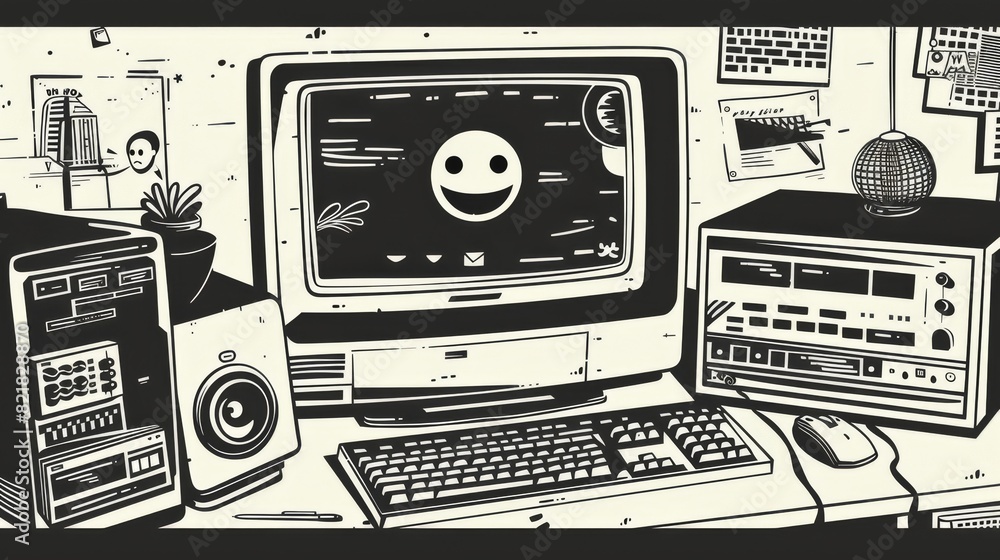 Obraz premium An illustration of a retroweb browser in vaporwave style with smiley face hipster stickers. A retrowave PC desktop with popup messages and user interface elements.