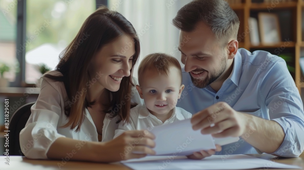 The head of the bank, the realtor or the financial advisor submits the contract to be signed and indicates the location. A happy young family signs a transaction agreement for the purchase of real The head of the bank, the realtor or the financial advisor submits the contract to be signed and indicates the location. A happy young family signs a transaction agreement for the purchase of real