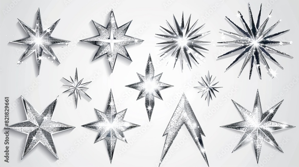 Y2k bling star icons. Modern illustration of silver light flares, stars, and sparkles isolated on transparent background. Y2K light flare design elements for retrofuturistic, brutalist cool posters. Y2k bling star icons. Modern illustration of silver light flares, stars, and sparkles isolated on transparent background. Y2K light flare design elements for retrofuturistic, brutalist cool posters.
