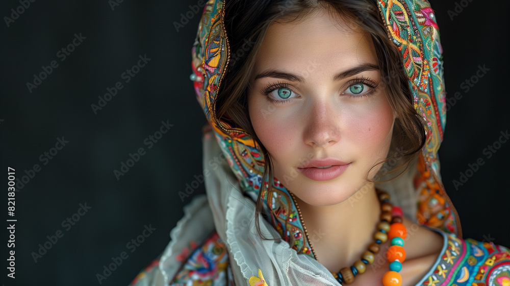 Fototapeta premium The Enigmatic Veil. A woman stands gracefully with a striking scarf delicately draped over her head, exuding elegance and mystery.