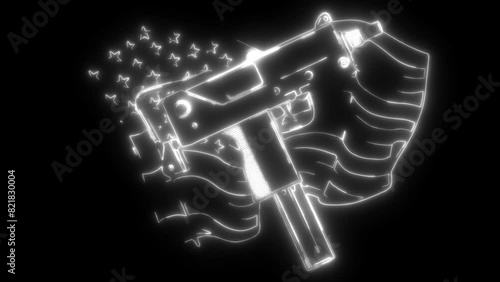 white silhouette of weapont Uzi with ameican flag in neon style photo