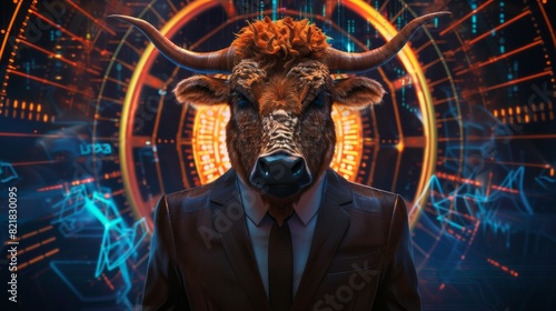 Yak outfitted with an elegant and modern suit and a nice tie. Fashion portrait of anthropomorphic animals, bulls, and bison with charismatic human attitudes. photo