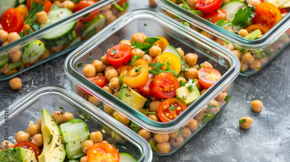 Bright and colorful chickpea salad with a variety of vegetables in clear glass containers, perfect for a healthy lunch Bright and colorful chickpea salad with a variety of vegetables in clear glass containers, perfect for a healthy lunch