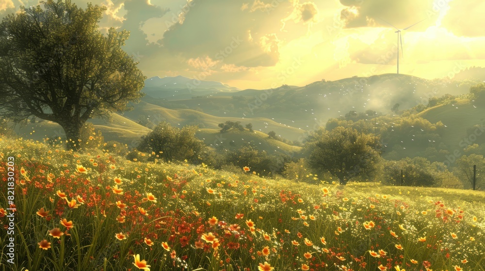 Spring Landscape with Sun Rays, Green Hills, and Wild Flowers Spring Landscape with Sun Rays, Green Hills, and Wild Flowers