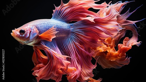 A Betta fish with flowing, bright fins creates a visual spectacle, showcased against a dark background